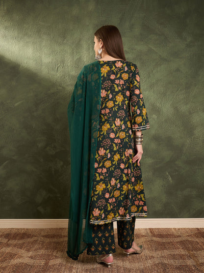 Women's Dark Green Floral Front Yoke Kurta Set with Dupatta
