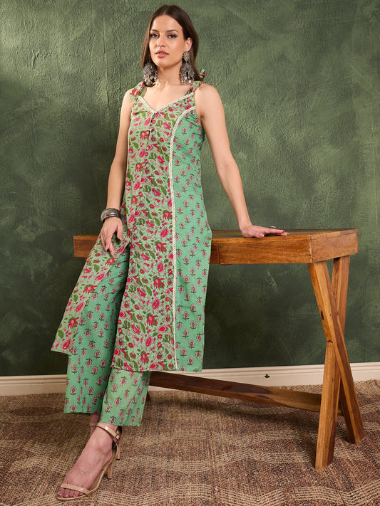 Women's Green & Pink Floral Front Button Slit Kurta With Pants