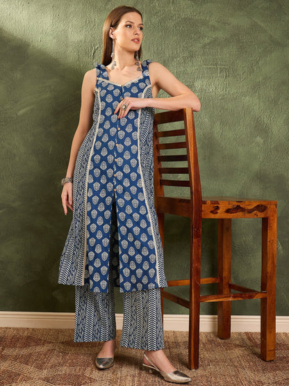Women's Blue Floral Front Button Slit Kurta With Pants