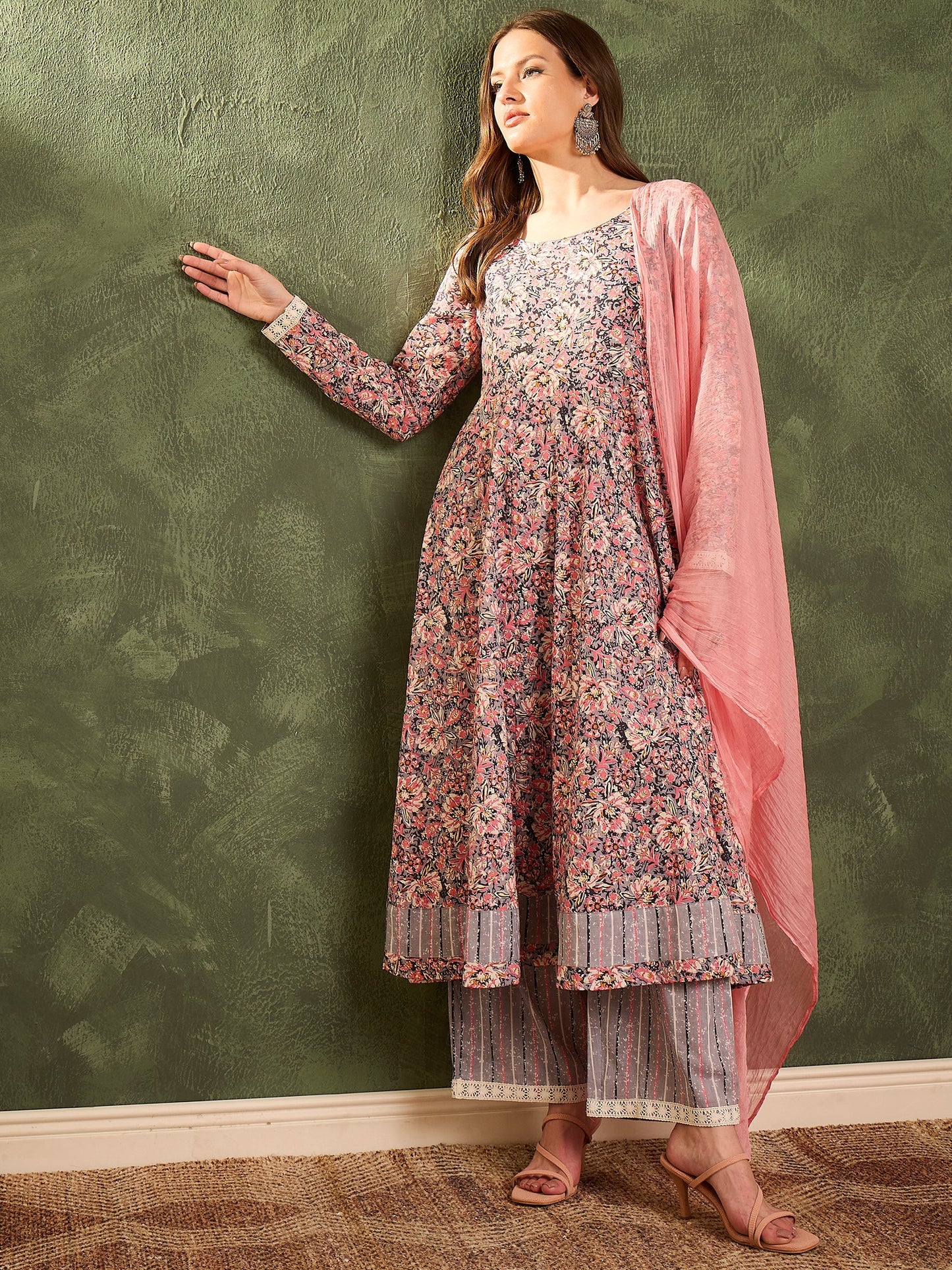 Women's Pink & Grey Floral Anarkali Kurta Set with Dupatta