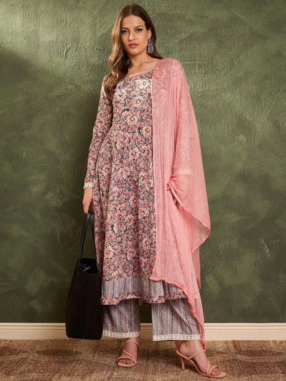 Women's Pink & Grey Floral Anarkali Kurta Set with Dupatta