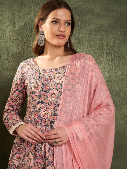 Women's Pink & Grey Floral Anarkali Kurta Set with Dupatta