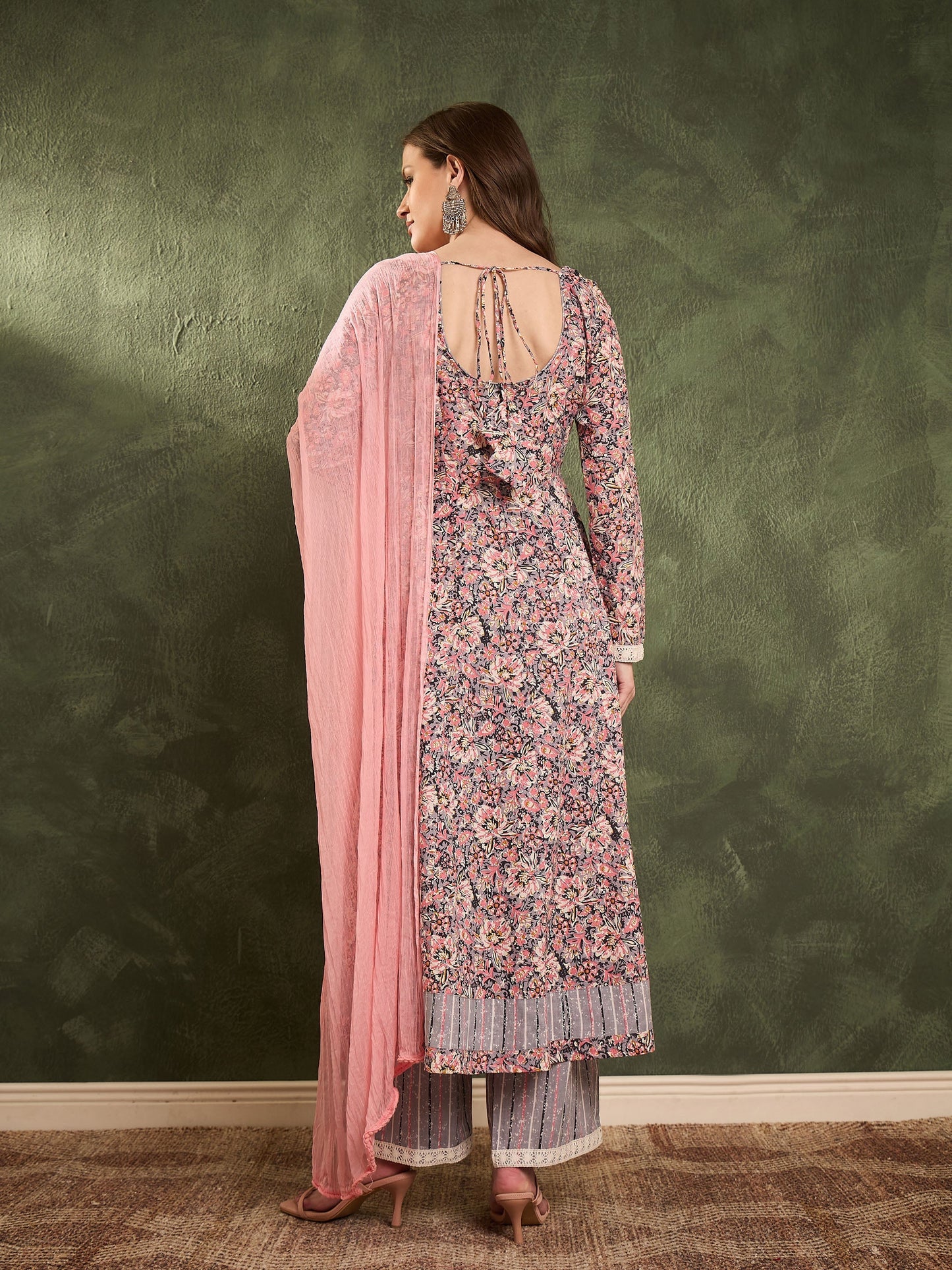 Women's Pink & Grey Floral Anarkali Kurta Set with Dupatta