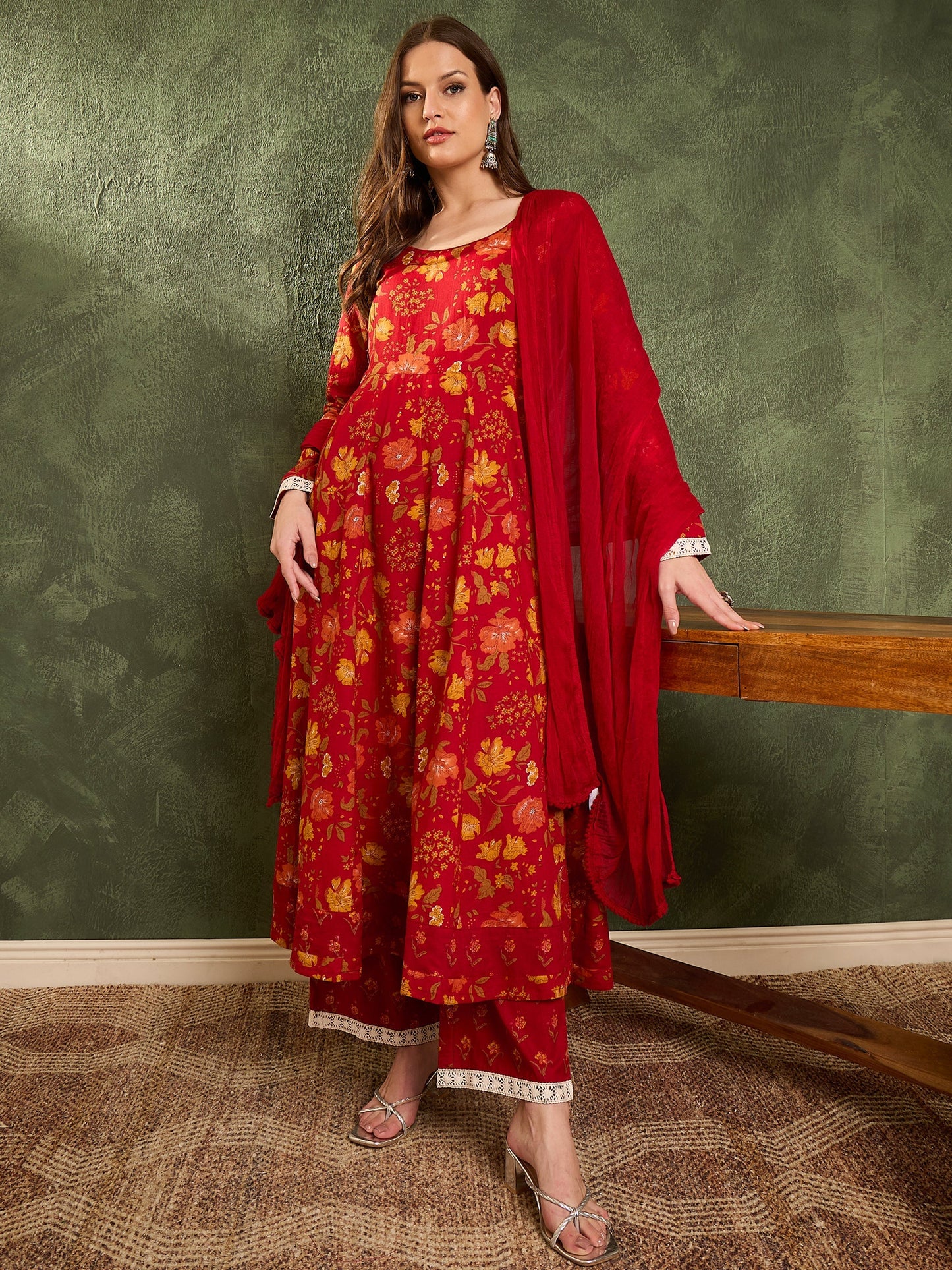 Women's Maroon & Yellow Floral Anarkali Kurta Set with Dupatta