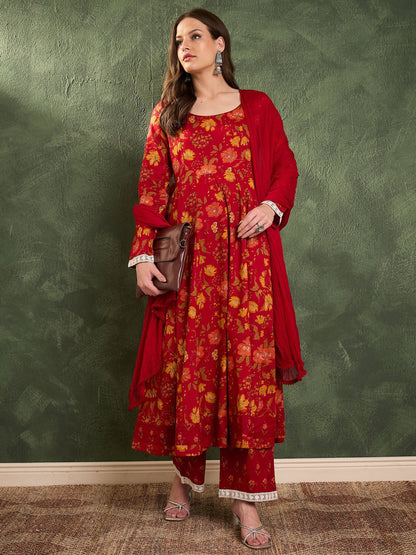 Women's Maroon & Yellow Floral Anarkali Kurta Set with Dupatta