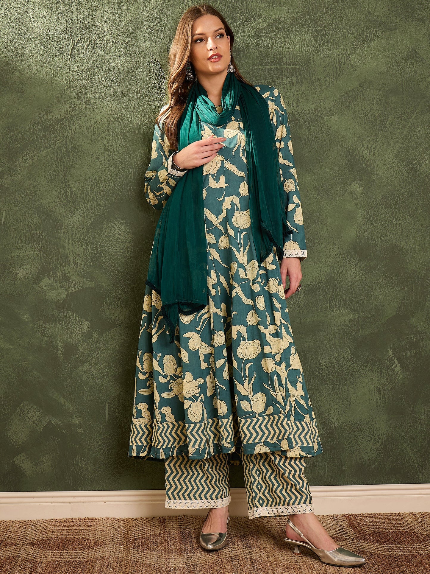 Women's Sea Green & Beige Floral Anarkali kurta Set with Dupatta