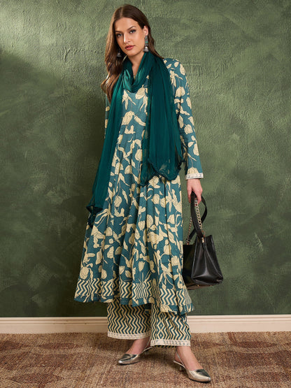 Women's Sea Green & Beige Floral Anarkali kurta Set with Dupatta