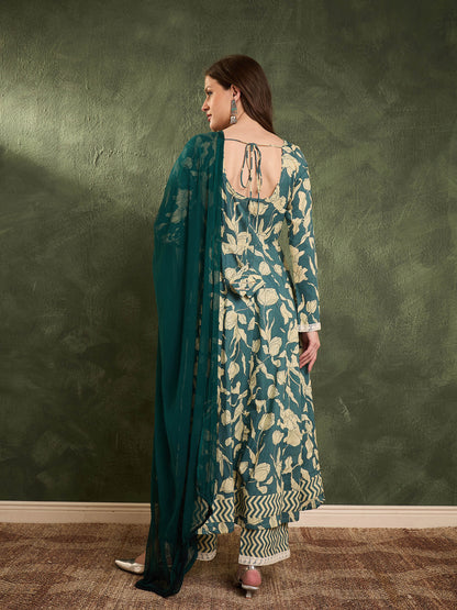 Women's Sea Green & Beige Floral Anarkali kurta Set with Dupatta