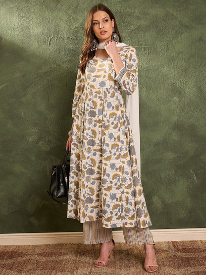 Women's Off White Floral Anarkali Kurta Set with Dupatta