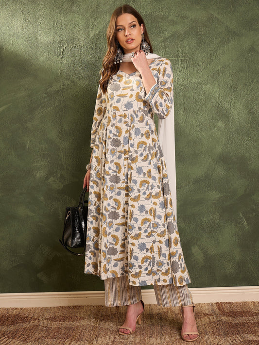 Women's Off White Floral Anarkali Kurta Set with Dupatta