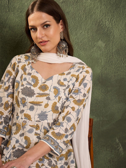 Women's Off White Floral Anarkali Kurta Set with Dupatta