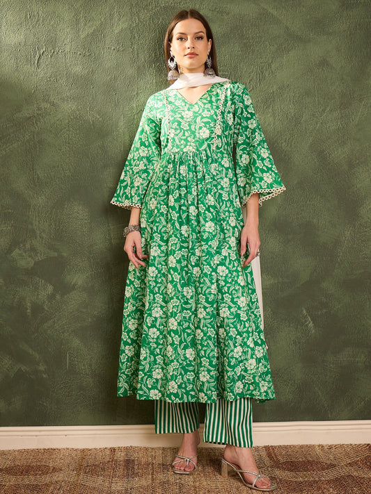 Women's Green & White Floral Gathered Kurta Set with Dupatta