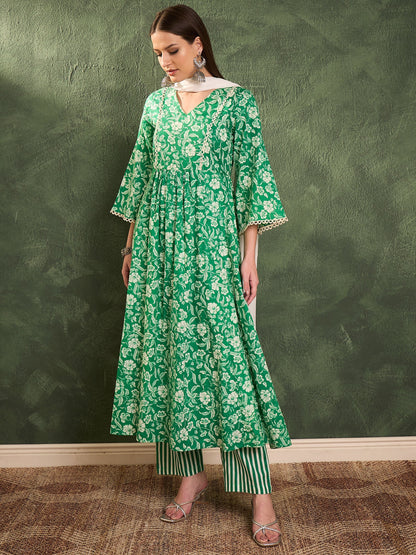 Women's Green & White Floral Gathered Kurta Set with Dupatta