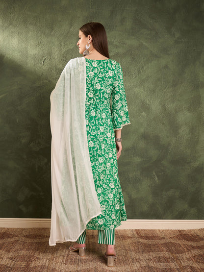Women's Green & White Floral Gathered Kurta Set with Dupatta