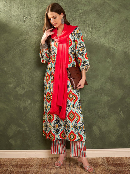 Women's Blue & Red Ikat Print Gathered Kurta Set with Dupatta