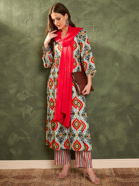 Women's Blue & Red Ikat Print Gathered Kurta Set with Dupatta
