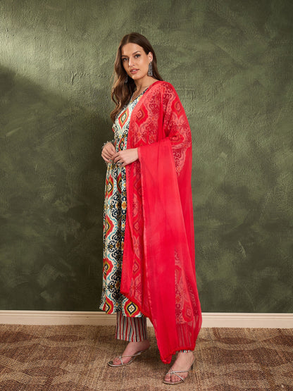 Women's Blue & Red Ikat Print Gathered Kurta Set with Dupatta