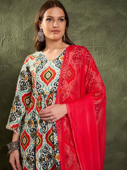 Women's Blue & Red Ikat Print Gathered Kurta Set with Dupatta