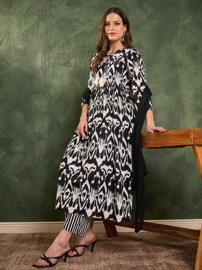 Women's Black Ikat Dori Gathered Kurta Set with Dupatta