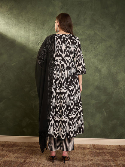 Women's Black Ikat Dori Gathered Kurta Set with Dupatta