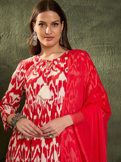 Women's Red Ikat Dori Gathered Kurta Set with Dupatta