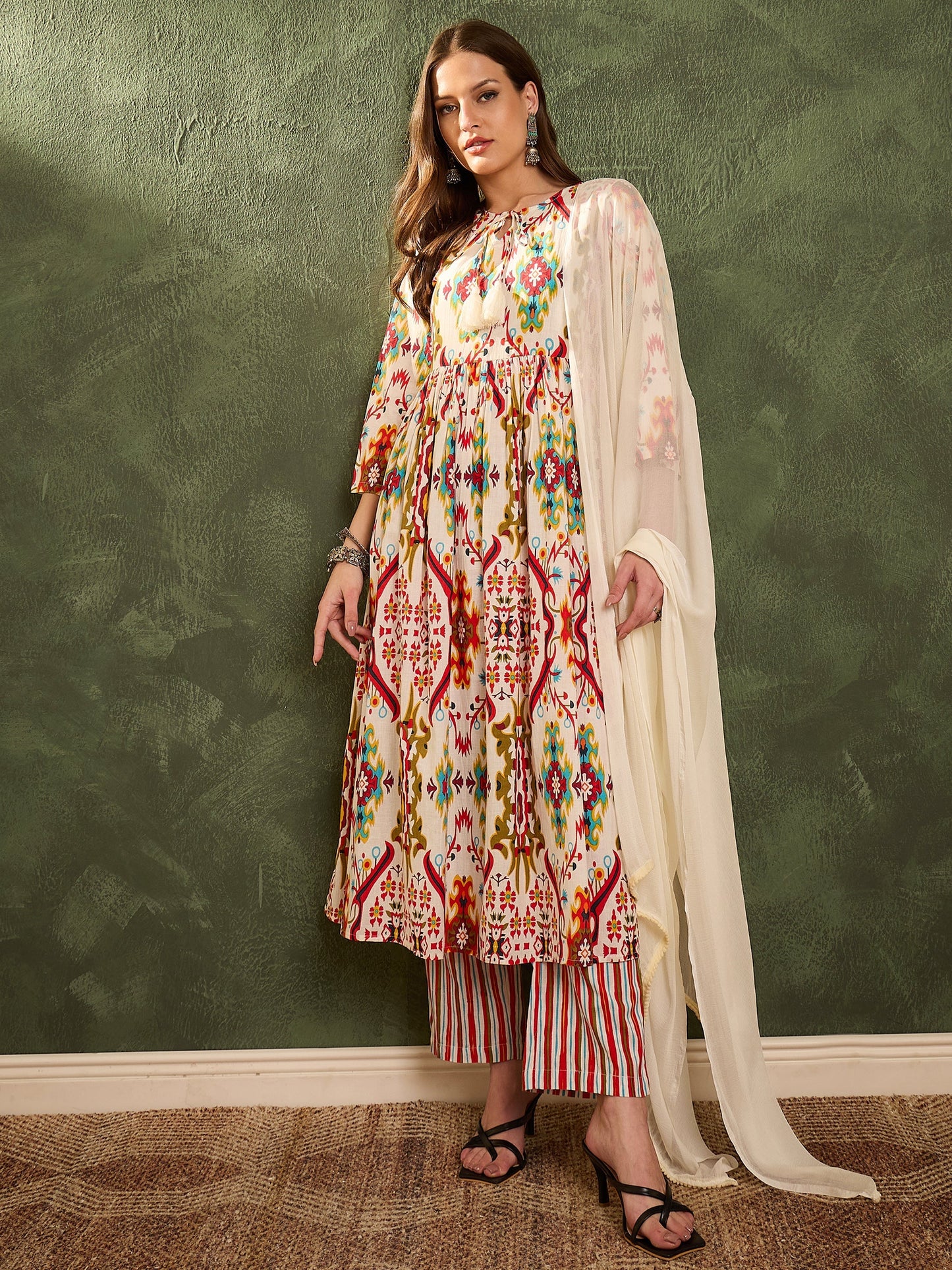 Women's Red Multi Ikat Dori Gathered Kurta Set with Dupatta
