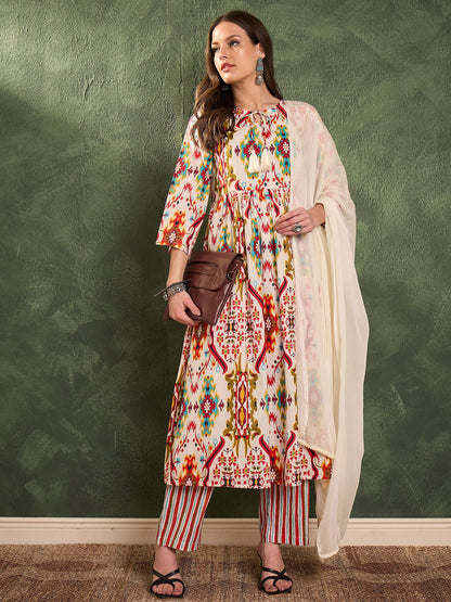 Women's Red Multi Ikat Dori Gathered Kurta Set with Dupatta