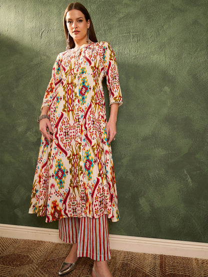 Women's Red Multi Ikat Front Button Kurta With Pants