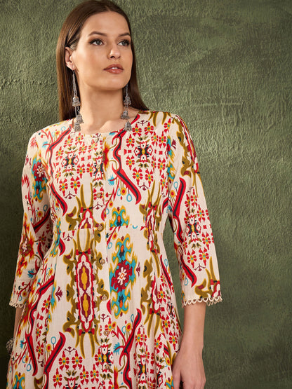 Women's Red Multi Ikat Front Button Kurta With Pants