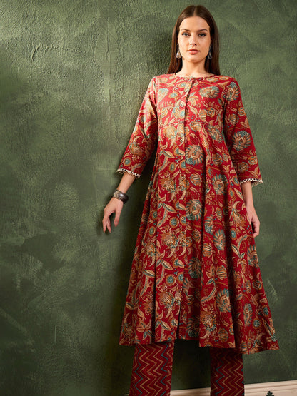 Women's Maroon Floral Button Pocket Kurta With Pants