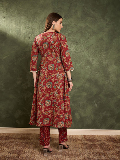 Women's Maroon Floral Button Pocket Kurta With Pants