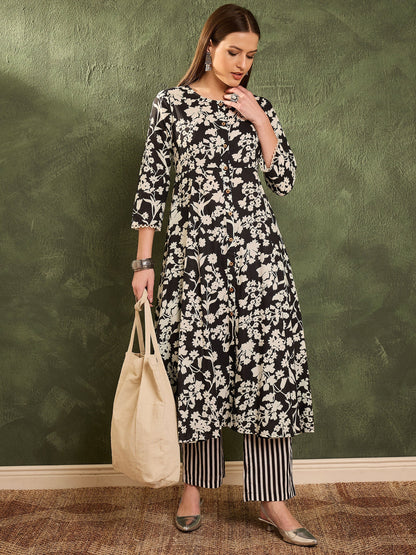 Women's Black Floral Button Pocket Kurta with Pants