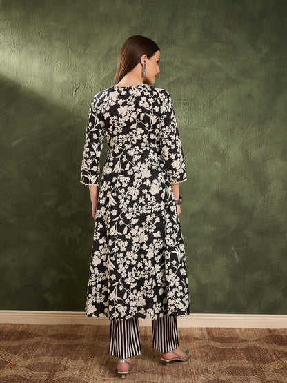 Women's Black Floral Button Pocket Kurta with Pants