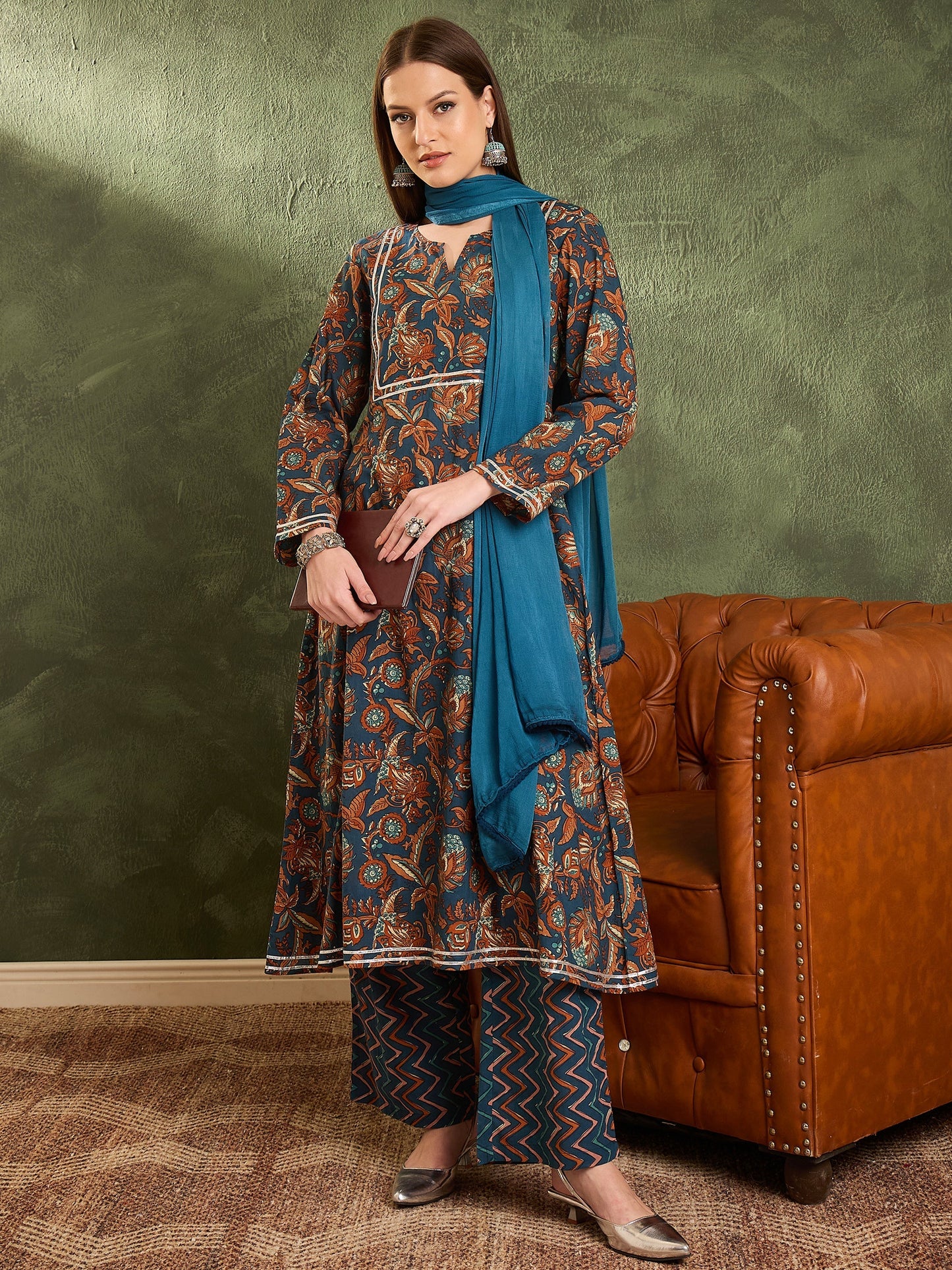 Women's Teal Floral Front Yoke Kurta Set with Dupatta