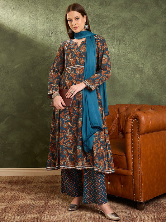 Women's Teal Floral Front Yoke Kurta Set with Dupatta