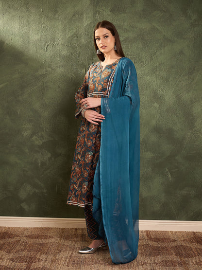 Women's Teal Floral Front Yoke Kurta Set with Dupatta