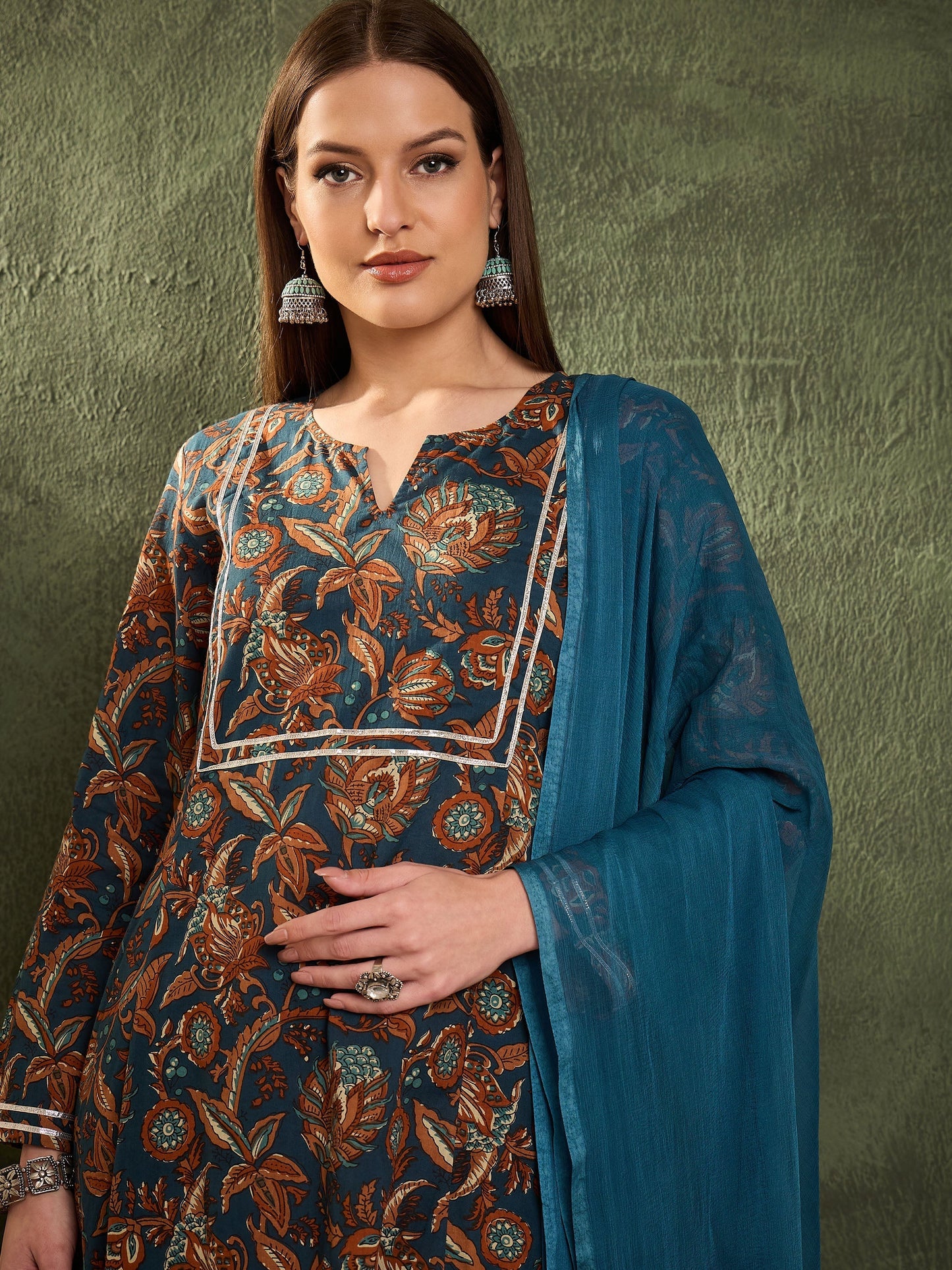 Women's Teal Floral Front Yoke Kurta Set with Dupatta