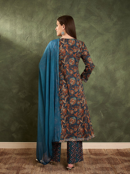 Women's Teal Floral Front Yoke Kurta Set with Dupatta