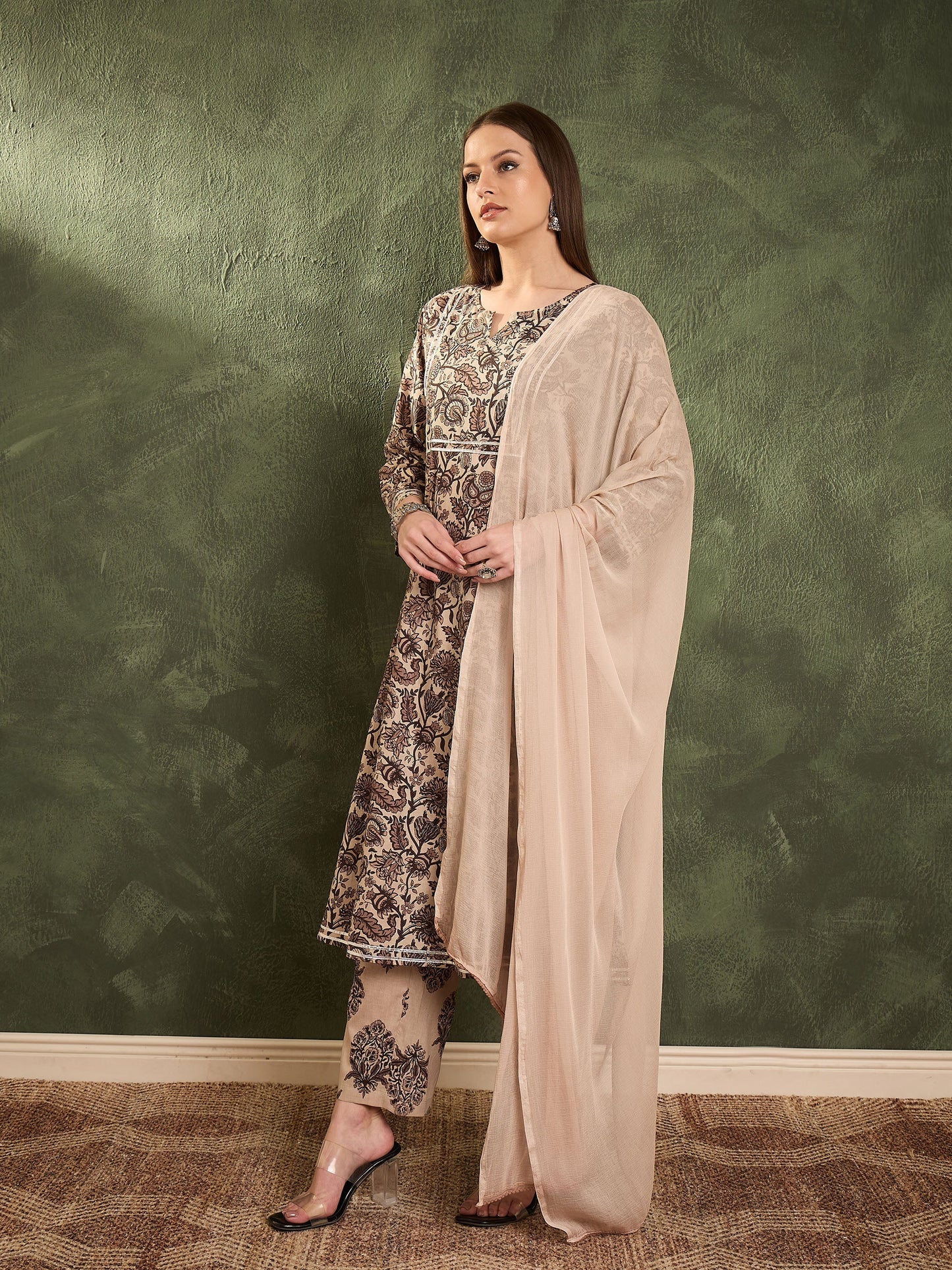 Women's Brown & Beige Floral Yoke Kurta Set with Dupatta