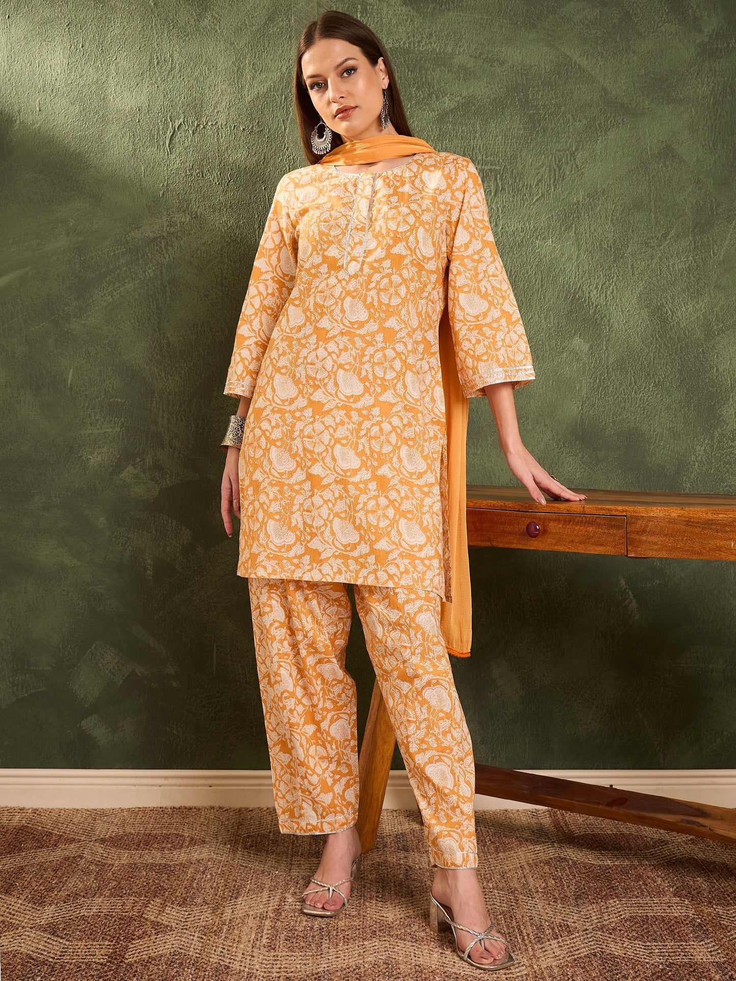 Women's Yellow Floral Lace Short Kurta With Salwar & Dupatta