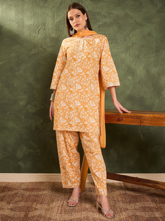 Women's Yellow Floral Lace Short Kurta With Salwar & Dupatta