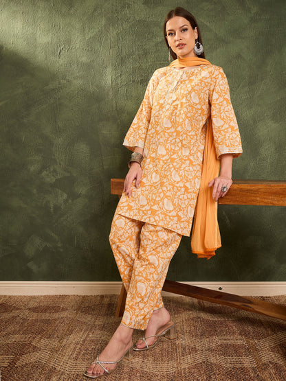 Women's Yellow Floral Lace Short Kurta With Salwar & Dupatta