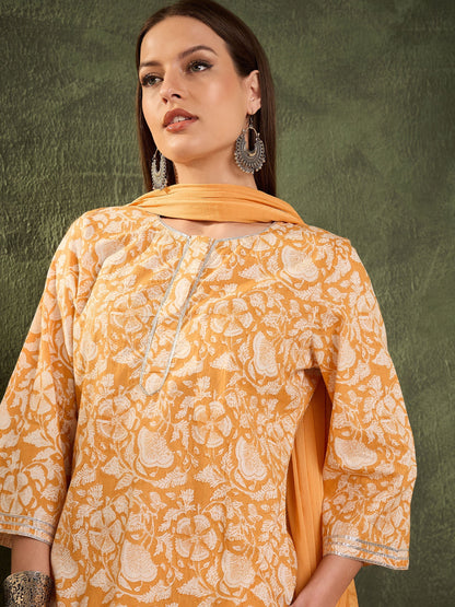 Women's Yellow Floral Lace Short Kurta With Salwar & Dupatta