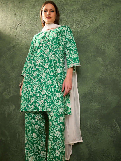 Women's Green Floral Lace Short Kurta With Salwar & Dupatta