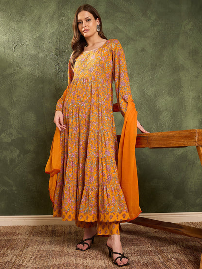 Women's Mustard Floral Tiered Anarkali Kurta Set with Dupatta