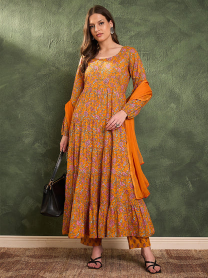 Women's Mustard Floral Tiered Anarkali Kurta Set with Dupatta