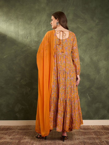 Women's Mustard Floral Tiered Anarkali Kurta Set with Dupatta