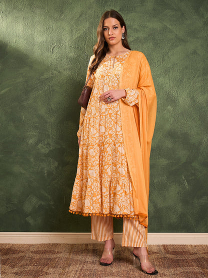 Women's Yellow Floral Tiered Anarkali Kurta Set with Dupatta