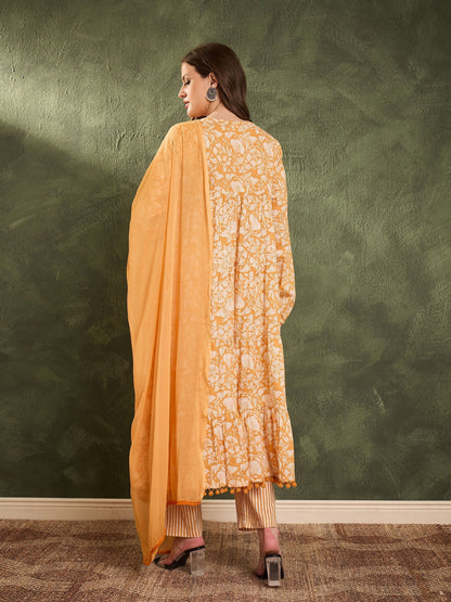 Women's Yellow Floral Tiered Anarkali Kurta Set with Dupatta