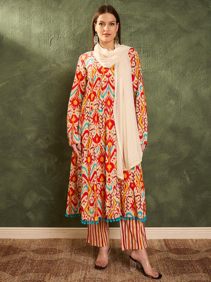 Women's Red & Beige Ikat Tiered Anarkali Kurta Set with Dupatta